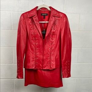 Escada 2pc Red Lambskin‎ Leather Jacket/Skirt with Textured Stitching DE 36/US 6